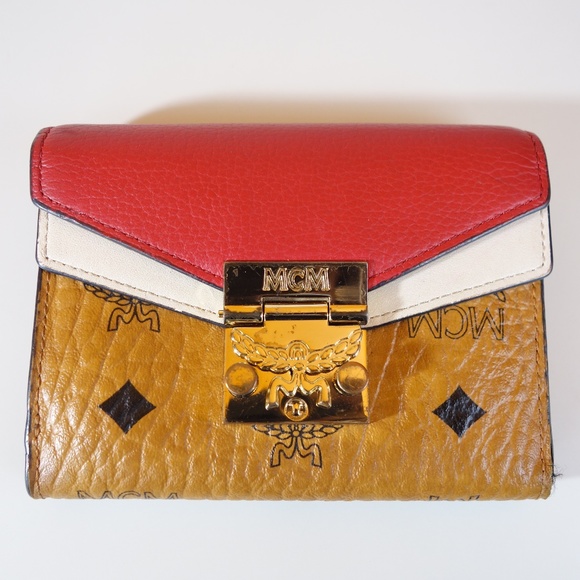 MCM Patricia Three Fold Brown & Red Visetos Leather Push Lock Wallet, Sz Medium - Picture 1 of 16